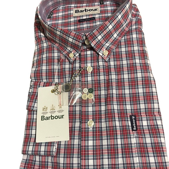 Barbour Men's Red White Plaid Cotton Tailored Fit Button Up Shirt XXL NWT - Picture 10 of 11